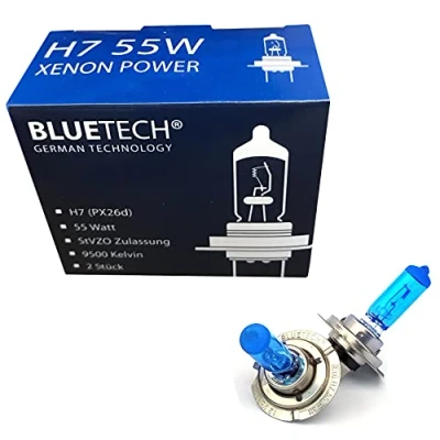 Abbildung von BLUETECH 2x PLUS H7 55W 9500K XENON Effekt mit StVZO Zulassung.50% mehr Licht und