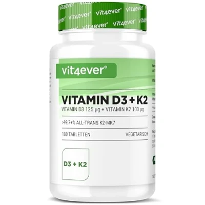Abbildung von Vitamin D3 + K2 Depot 180 Tabletten Premium Rohstoff: 99,7+% All Trans (K2VITAL® von Kappa) Mit 5000 I.E. pro Tablette Laborgeprüft Hochdosiert