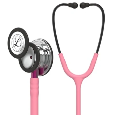 Abbildung von 3M Littmann Classic III Stethoskop zur Überwachung, hochglanzpoliertes Bruststück, perlmuttfarbener Schlauch, pinkfarbener Schlauchanschluss und rauchfarbene Ohrbügel, 69 cm, 5962