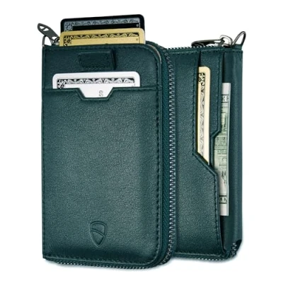 Abbildung von Vaultskin Notting Hill schlanke Brieftasche mit Reißverschluss und RFID Schutz. Geldbörse für Kreditkarten Bargeld Münzen (Grün)