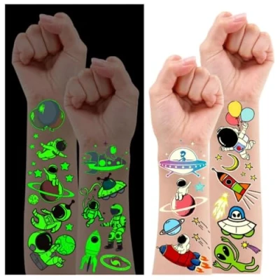 Abbildung von Leesgel Weltraum Tattoos Kinder, 10 Blätter Im Dunkeln Leuchtende Temporäre Tattoo für Mitgebsel Kindergeburtstag Junge Geburtstagsdeko Spielzeug Geschenke Weihnachtsfeier Tütenfüller