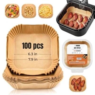 Abbildung von K MART Backpapier für Heißluftfritteuse, 100 Stück, 16 cm, Quadrat Airfryer Backpapier, Antihaftbeschichtet, Lebensmittelqualität, Zubehör Backen, Braten, Mikrowelle