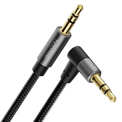 Abbildung von deleyCON 2m Aux Kabel 3,5mm Audio Klinkenkabel Stereo Baumwollkabel &amp; Metallstecker Stecker Gerade auf 90 Gewinkelt Handy Smartphone Tablet Kopfhörer HiFi Receiver Kfz