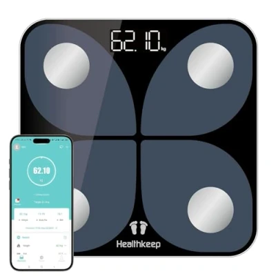 Abbildung von Körperfettwaage Digital mit App Bluetooth Smart Waage für Körperfett, BMI, Muskelmasse, Protein, BMR, Testsieger, 26x26 cm