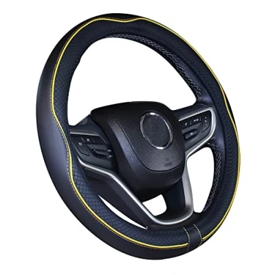 Abbildung von ISTN Mikrofaser Leder Auto Lenkradbezug 38cm für die meisten Autos (Schwarz Gelb)