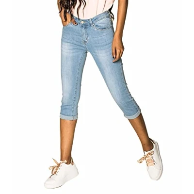 Abbildung von Nina Carter P132 Damen Capri Skinny Fit Jeanshosen HIGH Waist Jeans Used Look Waschungseffekt, Hellblau (P132 6), XXL