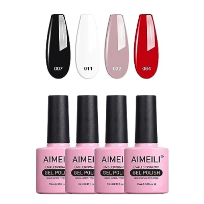 Abbildung von AIMEILI UV LED Gellack mehrfarbig ablösbarer Gel Nagellack Schwarz Weiß Nude Rot Polish Set Kit 4 x 10ml (SET4 19)