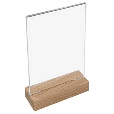 Abbildung von HMF 46942 Acryl Tischaufsteller mit Holzfuß DIN A5 Hochformat Glasklar