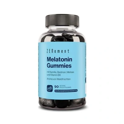 Abbildung von Melatonin Gummies, mit Kamille, Baldrian, Melisse und Vitamin B6, 90 Vegan Fruchtgummis 0,5 mg pro Dose Aroma von Waldfrüchten Gelatinefrei, Vegetarisch, Glutenfrei Zenement