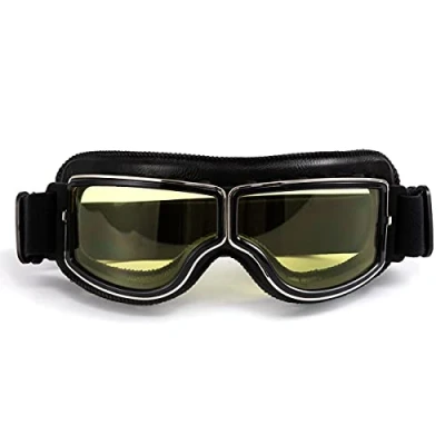 Abbildung von evomosa Retro Motorradbrille Motocross Lederbrille für Damen und Herren Sonnenbrille Schwarzer Rahmen, gelbes Glas