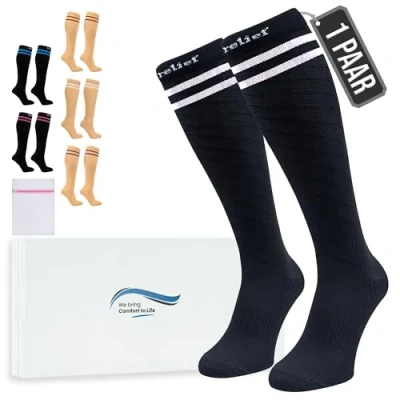 Abbildung von 360 Relief Kompressionsstrümpfe Klasse 1 für Damen und Herren 15 20 mmHg Stützstrümpfe langstreckenflug, Reise, Sports, Running, Laufen Paar Kompressionssocken L/XL Schwarz mit Wäschenetz