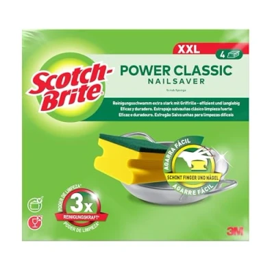 Abbildung von Scotch Brite Reinigungsschwamm Classic XXL, Extra kraftvolle Vliesseite, gelb/grün, 4er Pack Zur Reinigung von großen Töpfen, Pfannen und Grills