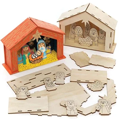 Abbildung von Baker Ross FC248 Bastelset Holzkrippe, Holzbasteln für Kinder zum Dekorieren und Ausstellen, Kreiere deine eigenen Weihnachtsdekorationen, 2 Stück