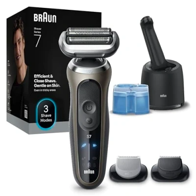 Abbildung von Braun Series 7 Elektrorasierer für Herren, Nass und Trockenrasur, Turbo Standard Modus, Wasserdichter Folienrasierer, Made in Germany, Mit Clean &amp; Charge Reinigungsstation, 72 C7650cc, Gold