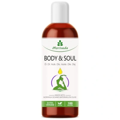 Abbildung von Moringa Öl Body &amp; Soul 100ml Kaltgepresste Premium Ölmischung mit Moringa, Wassermelone, Sesam und Oliven Hautpflege Körperöl Speiseöl von MoriVeda