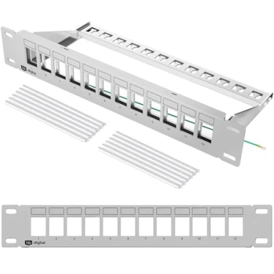 Abbildung von hb digital 12 Port Patchpanel Verteilerfeld Patchfeld Modular für RJ45 Keystone Module 10 Zoll CAT 5 6 7 Netzwerkschrank LAN Professional TIA568A TIA568B Switch Erdungskabel Hellgrau