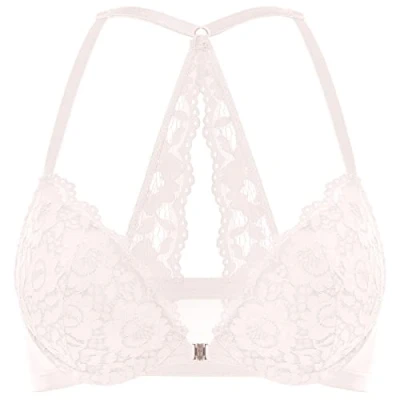 Abbildung von DOBREVA Damen Vorderverschluss BH mit Bügel Push Up Spitzen Neckholder BHS Racerback Tiefer Ausschnitt Gepolsterter Rose White 75A