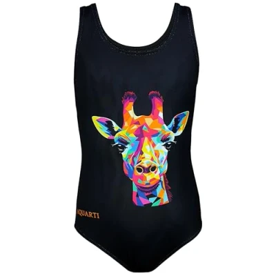 Abbildung von Aquarti Mädchen Badeanzug mit Ringerrücken Print, Farbe: Bunte Giraffe/Schwarz, Größe: 164