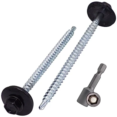 Abbildung von SKIR&#039;CO (50 Stück) lackierte Dachschrauben 4,8 x 80 mm, Sechskantkopf, selbstbohrende Schrauben mit EPDM Unterlegscheiben (Tiefschwarz, RAL 9005)