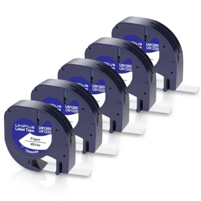 Abbildung von UniPlus 5 x kompatibles Dymo LetraTag Etikettenband Ersatz für LT 91200 91220 S0721520 12 mm 4 m Schwarz auf Weiß Papier Klebeband 100H LT100H 100T XR QX50 Etikettendrucker