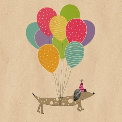 Abbildung von 20 Servietten aus Recycling Papier Geburtstag Dackel mit Luftballons als Tischdeko. Papierservietten Motiv. Auch für Decoupage und Serviettentechnik 33x33cm