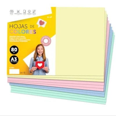 Abbildung von Buntes Papier A3 80g für Drucker &amp; Basteln, Farbige Blätter Kinder, Kreativprojekte, Karten Schule M office (50 Blatt, Sortiert Pastell)