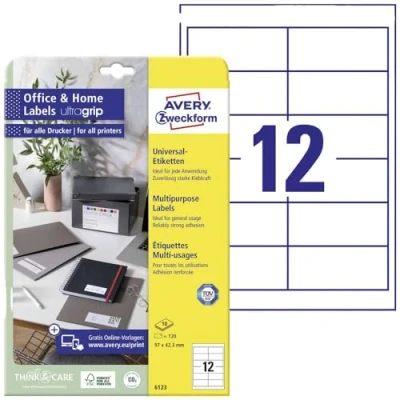Abbildung von AVERY Zweckform 6123 Adressaufkleber (120 Klebeetiketten, 97x42,3 mm auf A4, bedruckbare Absenderetiketten, selbstklebende Adressetiketten mit ultragrip, ideal fürs HomeOffice) 10 Blatt, weiß