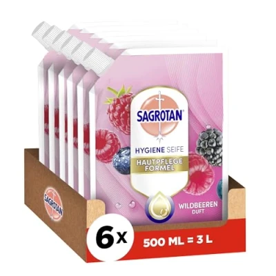 Abbildung von Sagrotan Handseife Nachfüller Brombeere und Waldfrüchte Feuchtigkeitsspendend stark gegen Bakterien 6 x 500 ml