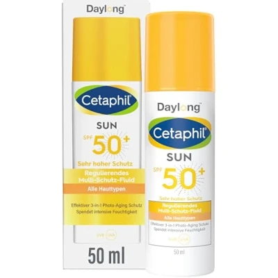 Abbildung von CETAPHIL SUN Regulierendes Multi Schutz Fluid SPF 50+, 50ml, Anti Aging Sonnenschutz für das Gesicht, Spendet bis zu 8 Stunden Feuchtigkeit, Zieht schnell ein und ist ultra leicht, Nicht komedogen