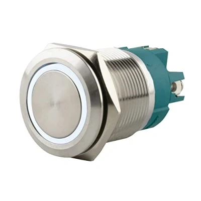 Abbildung von SeKi Edelstahl Drucktaster Ø22mm tastend flacher Kopfform farbig beleuchtetem LED Ring in weiss Schraubanschluss; Klingeltaster
