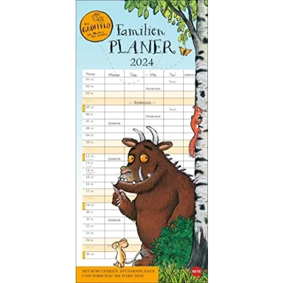 Abbildung von Der Grüffelo Familienplaner 2024. Witziger Kalender mit den bekannten Figuren aus dem Kinderbuch Klassiker. Hochkant Format: Langer 5 Spalten für Übersicht und Planung.