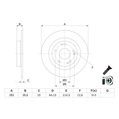 Abbildung von BOSCH 0 986 479 G90 Bremsscheibe 282 10 5 114,3 voll beschichtet mit Schrauben HONDA: CIVIC 10, Stufenheck