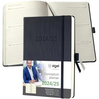 Abbildung von SIGEL C2501 Terminplaner Wochenkalender 2024/2025, ca. A5, schwarz, Hardcover, Gummiband, Stiftschlaufe, Archivtasche, aus nachhaltigem Papier, 18 Monatskalender, Conceptum