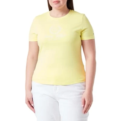 Abbildung von Tommy Hilfiger Damen T Shirt Kurzarm Slim Flag Tee Rundhalsausschnitt, gelb (Yellow Tulip), XS