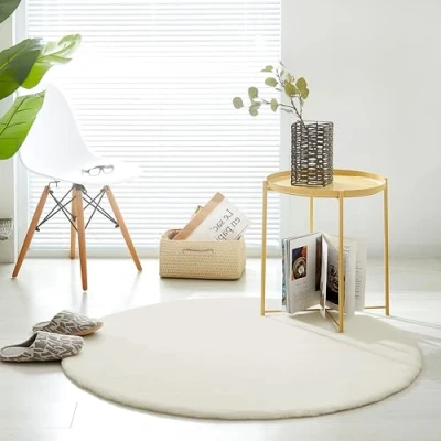 Abbildung von Teppich Wölkchen Fell Rund, Fellteppich Kunstfell Waschbar, Hasenfell, Kaninchenfell Flauschiger Wohnzimmer, Bettvorleger Schlafzimmer Beige Rund 120cm
