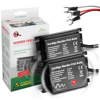 Abbildung von Gardigo® Marder Frei Auto 2er Set I Marderschreck Anschluss an 12V Autobatterie 25 Jahre Erfahrung Marderabwehr Marderschutz für Abwehr gegen KFZ
