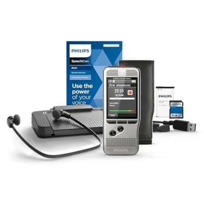 Abbildung von Philips DPM7700 Komplett Set für Autor und Assistenz, enthält Diktiergerät Aufnahmegerät DPM7200, Fußschalter ACC2330, Stereo Unterkinn Kopfhörer LFH0334, Diktier &amp; Wiedergabe Software SpeechExec