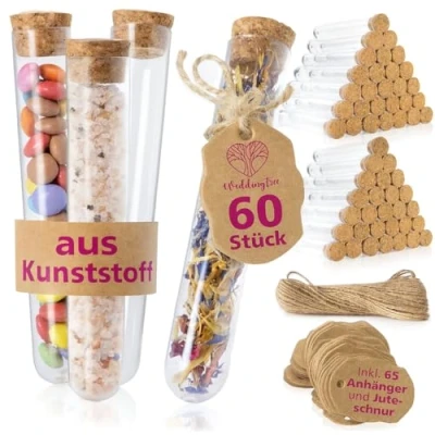 Abbildung von WeddingTree 60 x Reagenzglas Mit Korken Glas 18 105 mm Juteschnur und Anhänger Als Gastgeschenk Hochzeitsdeko Gewürzgläser