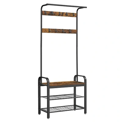 Abbildung von VASAGLE Garderobenständer, Garderobe, mit Schuhbank, 4 in 1 Design, 9 abnehmbare Haken, Kleiderstange, Eingangsbereich, Flur, 33,7 x 77 183 cm, Industrie vintagebraun schwarz HSR40B