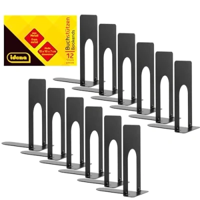 Abbildung von Idena 11110 Buchstützen aus Metall in Schwarz, 12 Buchständer der Größe 13 x 10 7 cm, Buchhalter für Bücherregale