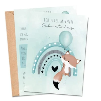 Abbildung von MeinBaby123® 10 Einladungskarten Kindergeburtstag Jungs und Mädchen Geburtstagseinladungen für Kinder inkl. Briefumschläge Premium Qualität (Fuchs türkis V2)