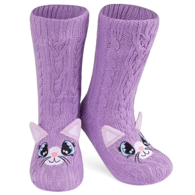 Abbildung von CityComfort Rutschfeste Socken Damen und Teenager in Gr. 37 41 Kuschelsocken Sherpa gefüttert mit Anti Rutsch Punkten (Lila Katze)