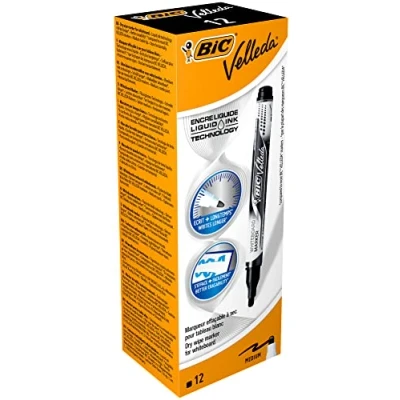 Abbildung von BiC Velleda Whiteboard Marker, Liquid Ink, trocken abwischbar, Schwarz, 12 Stück