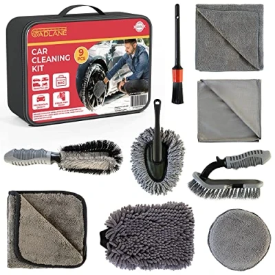 Abbildung von GADLANE 9 Pc Auto Reinigungsset Mit Aufbewahrungstasche Inklusive Polsterbürste, Detaillierungsbürste, Mikrofaserkissen, Mikrofasertuch, Radbürste, Trockentuch, Glastuch, Mitt, Mikrofaserstaubtuch