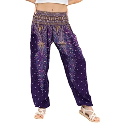 Abbildung von Lofbaz Damen Haremshose Yogahose Pumphose Hippie Hose Boho Kleidung Festival Outfit Sommerhose Leicht Sommer Hosen Peacock 1 Violett XXL Große Größen