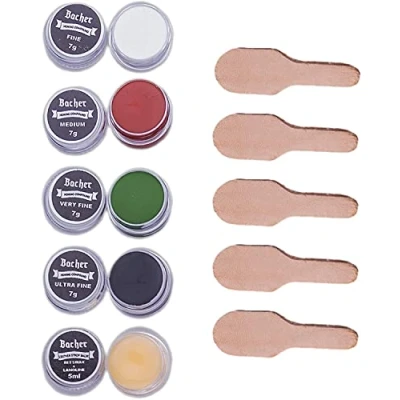 Abbildung von BACHER Abziehpaste mit Leder Applikatoren Probierset 4 x7g Läpppaste + Lederbalsam