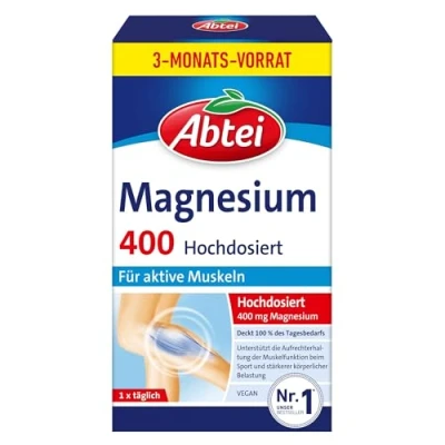 Abbildung von Abtei Magnesium 400 Zur Unterstützung der gesunden Muskelfunktion Mit mg Glutenfrei, Laktosefrei, Vegan Vorratspackung 90 Tabletten für 3 Monate