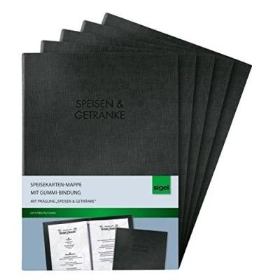 Abbildung von SIGEL SM111/5 Speisekarten Mappen mit Gummi Bindung für A4, 5 er Pack, schwarz edler Leinenstruktur, strapazierfähig und leicht abwischbar