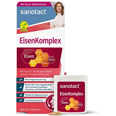Abbildung von sanotact Eisen Komplex (100 Mini Tabletten) Mit 14mg hochdosiert, Kupfer, Folsäure, Vitamin C, B2, B6, B12 Sofortwirkung bei Eisenmangel für Blutbildung 100% Vegan