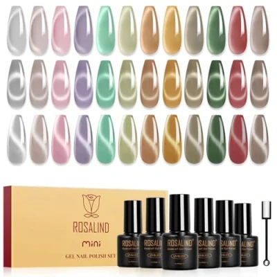 Abbildung von ROSALIND UV Nagellack Jelly Magnet Cateye, 12 Farben Silber Rosa Violett Grün Rot Kristall Mondlicht Cat Eye Gel Nagellack, Soak Off Mini Transparent Magnetische Gellack für Nail Art Maniküre